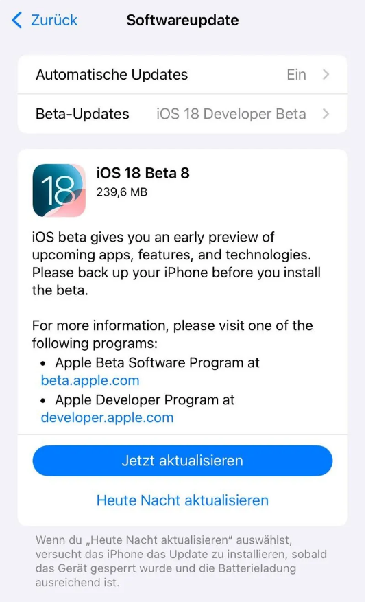 南县苹果手机维修分享苹果 iOS / iPadOS 18 开发者预览版 Beta 8 发布 